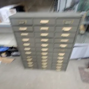 Vintage 36x Multi-Drawer Metal Parts /Index Cabinet with Brass Label Holders Metal Drawers Wood