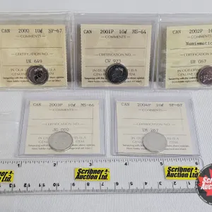Canada Ten Cent (5 Certified Coins) : - 2000 : ICCS Cert : SP-67 - 2001P : ICCS Cert : MS-64 - 2002P