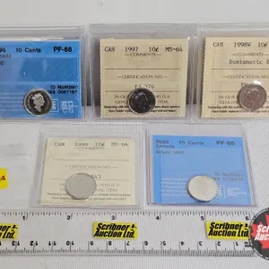 Canada Ten Cent (5 Certified Coins) : - 1996 "UHC" : CCCS Cert : PF-68 - 1997 : ICCS Cert : MS-64 - 