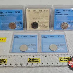 Canada Ten Cent (5 Certified Coins) : - 1980 "Narrow 0" : CCCS Cert : SP-67 - 1981 : ICCS Cert : MS-
