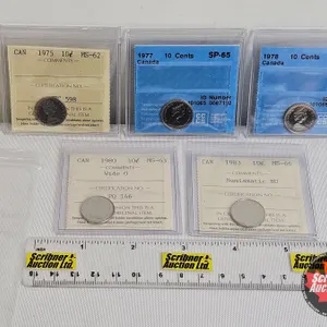 Canada Ten Cent (5 Certified Coins) : - 1975 : ICCS Cert : MS-62 - 1977 : CCCS Cert : SP-65 - 1979 :