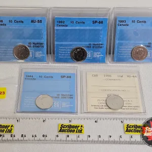 Canada Ten Cent (5 Certified Coins) : - 1988 : CCCS Cert : AU-55 - 1992 : CCCS Cert : SP-68 - 1993 :