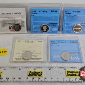 Canada Ten Cent (5 Certified Coins) : - 2016 : CMG Cert : UNC-65 - 2016 "UHC" : CCCS Cert : PF-68 - 