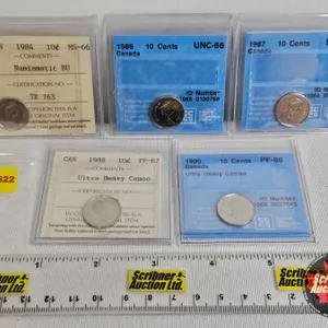 Canada Ten Cent (5 Certified Coins) : -1984 "Numismatic BU" : ICCS Cert : MS-66 - 1986 : CCCS Cert :