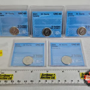 Canada Ten Cent (5 Certified Coins) : - 2020 : CCCS Cert : UNC-65 - 2021 : CCCS Cert : UNC-66 - 2022
