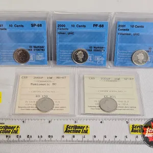 Canada Ten Cent (5 Certified Coins) : - 1997 : CCCS Cert : SP-68 - 2000 "Silver, UHC" : CCCS Cert : 