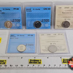 Canada Ten Cent (5 Certified Coins) : - 2002 "Silver, UHC" : CCCS Cert : PF-68 - 2003P : CCCS Cert :