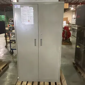 2 GREY METAL CONSUMABLE CABINETS & SMALL METAL 2 DOOR CABINET