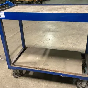 BLUE METAL FRAME WOOD TOP 2 TIER MOBILE SHOP CART