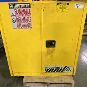 JUSTRITE SURE-GRIP YELLOW METAL 2 DOOR FLAMMABLE LIQUID STORAGE CABINET APPROX 43"W X 18"D X 44"H