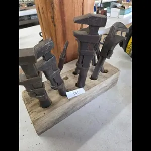 Vintage Pipe Wrench Set on Wooden Stand