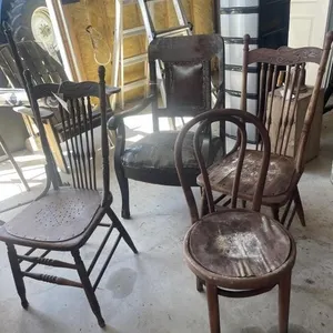 Antique Leather Seat Arm Chair & 3 Side Chairs