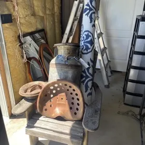 Wooden Chair,Cream Can, Deck Mat & Tractor Seat