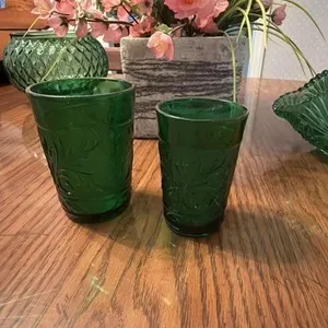 2 cups green pressed glass