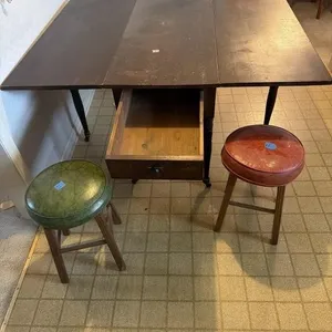 Antique table with drawer and two antique stools