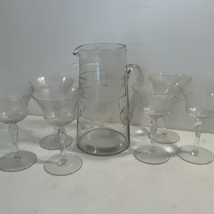 Vintage Etched Glass Pitcher & Stemware Set – 7 Pieces