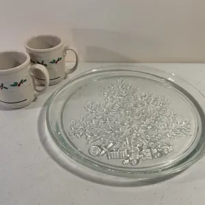 Christmas Glass Platter & Longaberger Holiday Mugs – 3 Pieces