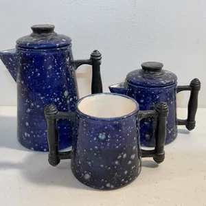 Vintage Blue Speckled Enamelware Coffee Pot, Creamer & Mug – 3 Pieces
