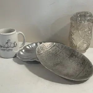 Wendell August Forge Tray, Crystal Vase, Flower Frog, Bennington Potters Mug & Silverplate Dish