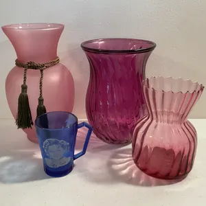 Vintage Art Glass Vases & Shirley Temple Depression Glass Mug