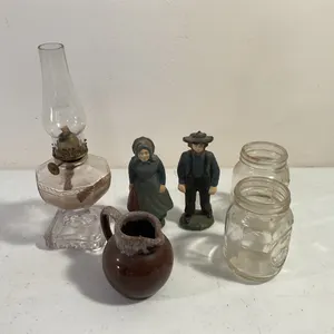 Vintage Miniature Oil Lamp, Pottery Jug, Amish Figurines & Mini Mason Jars – 6 Pieces