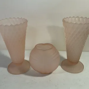 Pink Frosted Art Deco Glass Vases – 3 Pieces