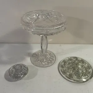 Vintage Crystal Pedestal Bowl & Glass Flower Frogs – 3 Pieces