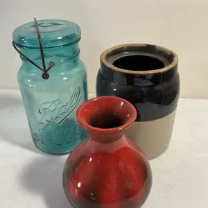 Vintage Stoneware, Art Pottery & Blue Ball Jar – 3 Pieces