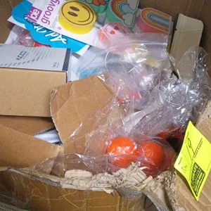 Assorted promotional and household merchandise. Includes Grocery Outlet Bargain Market branded items including red lanyards, notepad grocery lists, an