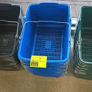 Poly shopping basket. Features blue plastic construction with vented sides and bottom, and dual metal wire carrying handles with blue plastic grips. S