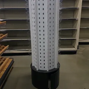 Revolving floor-standing sunglasses retail display rack. Features multi-sided white panels with clear plastic sunglass holder hooks, top header mirror