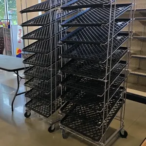 Portable 9-tier bread rack. Features a wire metal frame with 9 angled shelves designed for bakery display. Includes 9 removable black plastic lattice 
