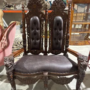 HIGHLY CARVED KING THRONE LEATHER SETTE CHAIR WITH LION HANDRESTS