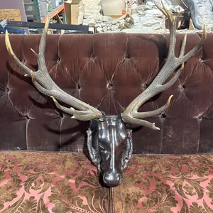 CARVED WOOD DEER HEAD WITH ANTLERS