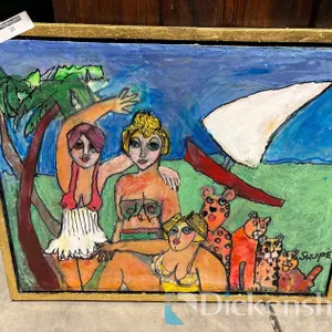 BEACH DAY OIL PAINTING WITH GOLD FRAME SIGNED SHUPE