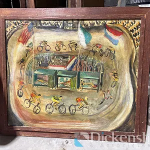 VINTAGE FRENCH HAND-PAINTED ARTWORK FEATURING BICYCLE RACE