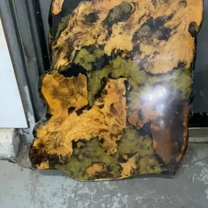 TABLE TOP LIVE EDGE WOOD SLAB, EPOXY TOP W/ SOME FERN DETAILING UNDERNEATH