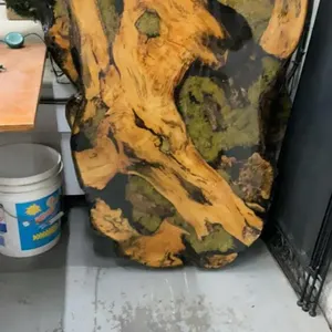 TABLE TOP LIVE EDGE WOOD SLAB, EPOXY TOP W/ SOME FERN DETAILING UNDERNEATH