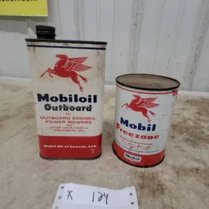 Vintage Mobiloil Outboard Motor Oil Tin and Mobil Freezone Methanol Anti-Freeze Can with Pegasus Lo