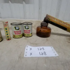 White Rose Vintage Hand-Pump Insecticide Sprayer with Amber Glass Jar, Motor Oil Cans Banks