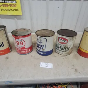 Mobiloil, Purity 99, White Rose, Roco Anti-Freeze and Shell X-100 Motor Oil Vintage Cans 1gallon 5x