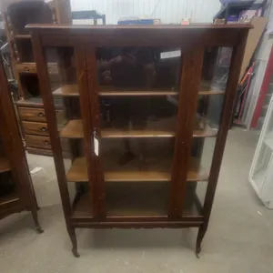 Antique Early 20th Century Quarter-Sawn Oak Glass Door Display Cabinet with Casters 58 x 37 x 13"