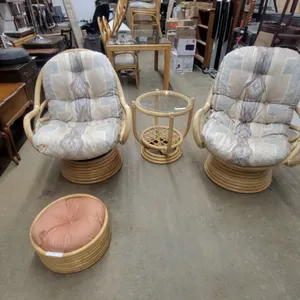 Vintage Rattan Living Room Set with 2 Swivel Rocking Armchairs, Glass-Top Table, and More