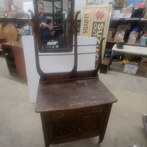 Antique Oak Washstand with Mirror and Towel Rack Cabinet Doors 66 x 30 x 18"