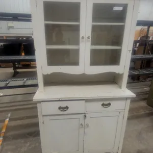 Antique Two-Piece Kitchen Painted Step Back Cabinet, White, Glass-Paned Doors, Two Drawers