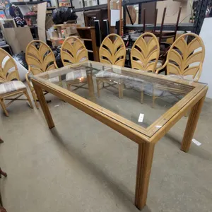 Vintage Rattan and Glass Dining Table With Six Fan-Back Chairs, Tropical Style, Circa 1970s-1980s