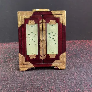 Chinese Wood Jewelry Chest with Jade Inlay and Brass Mounts