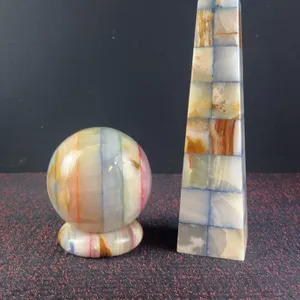 Two Mosaic Onyx Decorative Pieces - Obelisk and Sphere