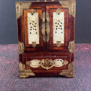 Chinese Jewellery Box with White Jade Inlays and Brass Fittings