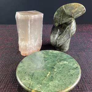 Trio of Decorative Stone Items: Selenite, Abstract Serpentine Sculpture, Green Stone Plate